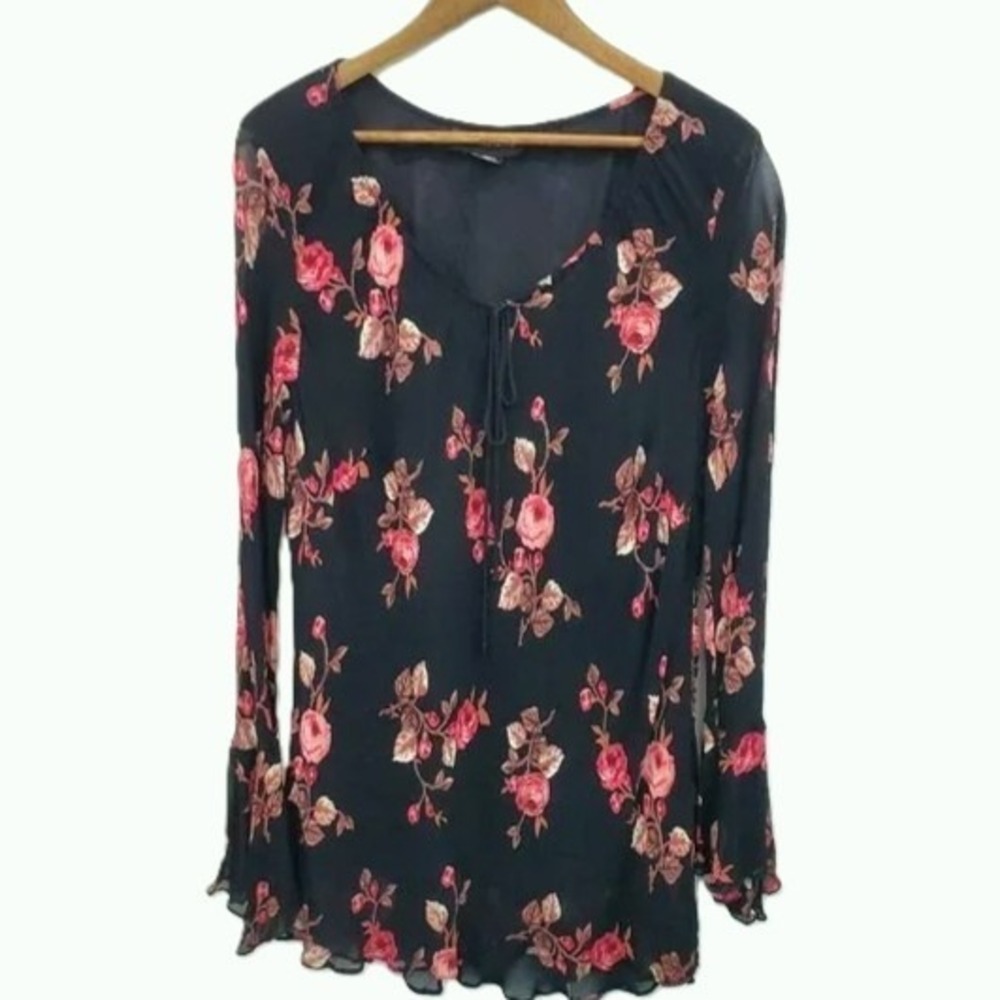 Temptation II Womens 1X Black Pink Floral Bell Sleeve Boho Tunic Blouse